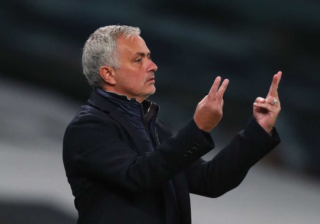 LONDON, ENGLAND - OCTOBER 01: Jose Mourinho, Manager of Tottenham Hotspur  gives his team instructions  during the UEFA Europa League play-off match between Tottenham Hotspur and Maccabi Haifa at Tottenham Hotspur Stadium on October 01, 2020 in London, England. Football Stadiums around Europe remain empty due to the Coronavirus Pandemic as Government social distancing laws prohibit fans inside venues resulting in fixtures being played behind closed doors. (Photo by Clive Rose/Getty Images)