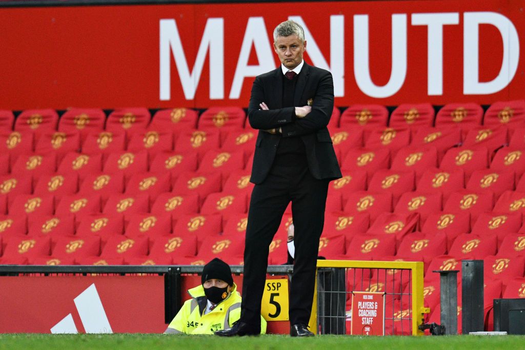 MANCHESTER, ENGLAND - OCTOBER 04: Ole Gunnar Solskjaer, Manager of Manchester United looks on during the Premier League match between Manchester United and Tottenham Hotspur at Old Trafford on October 04, 2020 in Manchester, England. Sporting stadiums around the UK remain under strict restrictions due to the Coronavirus Pandemic as Government social distancing laws prohibit fans inside venues resulting in games being played behind closed doors. (Photo by Oli Scarff - Pool/Getty Images)