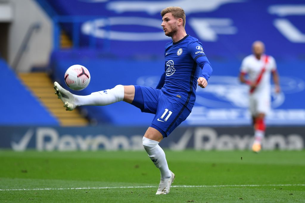 LONDON, ENGLAND - OCTOBER 17: Timo Werner of Chelsea controls the ball during the Premier League match between Chelsea and Southampton at Stamford Bridge on October 17, 2020 in London, England. Sporting stadiums around the UK remain under strict restrictions due to the Coronavirus Pandemic as Government social distancing laws prohibit fans inside venues resulting in games being played behind closed doors. (Photo by Ben Stansall - Pool/Getty Images)