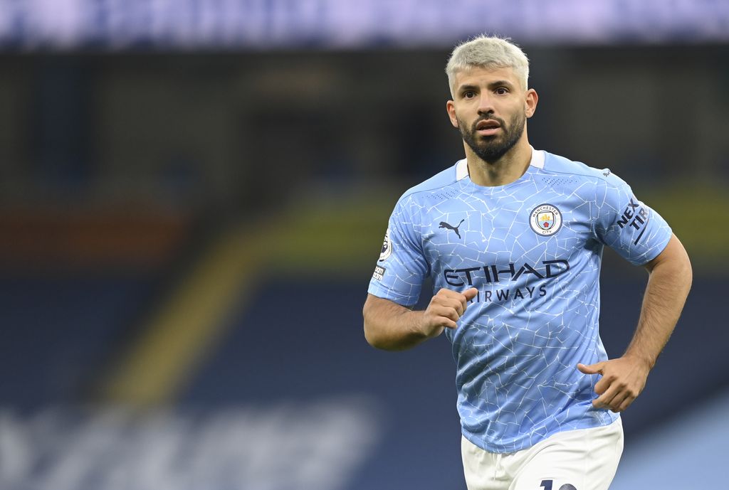 Manchester City's Sergio Aguero runs during the English Premier League soccer match between Manchester City and Arsenal at the Etihad stadium in Manchester, England, Saturday, Oct. 17, 2020. (Michael Regan/Pool via AP)