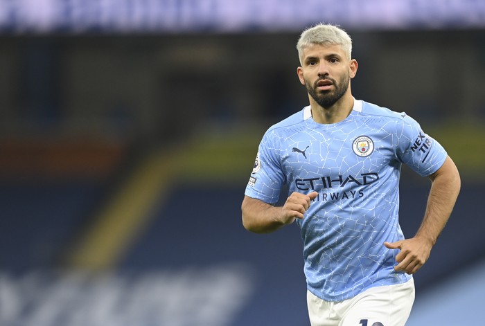 Manchester City's Sergio Aguero runs during the English Premier League soccer match between Manchester City and Arsenal at the Etihad stadium in Manchester, England, Saturday, Oct. 17, 2020. (Michael Regan/Pool via AP)