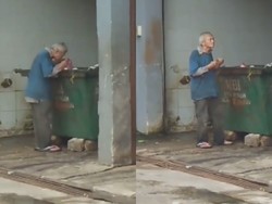 Miris! Kakek Ini Pungut Sisa Makanan dari Tempat Sampah