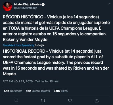 Rekor dari Vinicius saat bikin gol buat Real Madrid.
