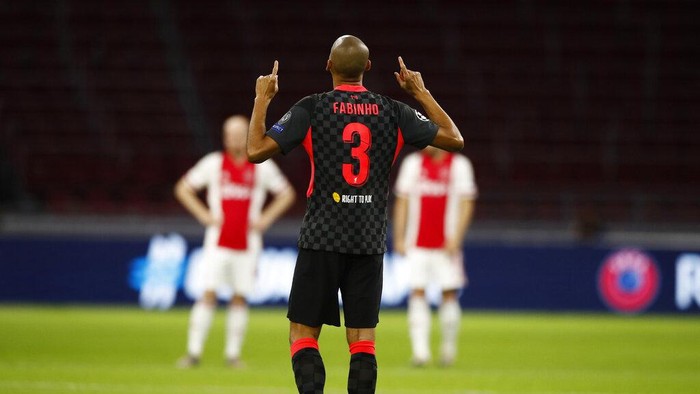 Liverpools Fabinho reacts during the group D Champions League soccer match between Ajax and Liverpool at the Johan Cruyff ArenA in Amsterdam, Netherlands,Wednesday, Oct. 21, 2020. Liverpool won the match 1-0. (AP Photo/Peter Dejong)