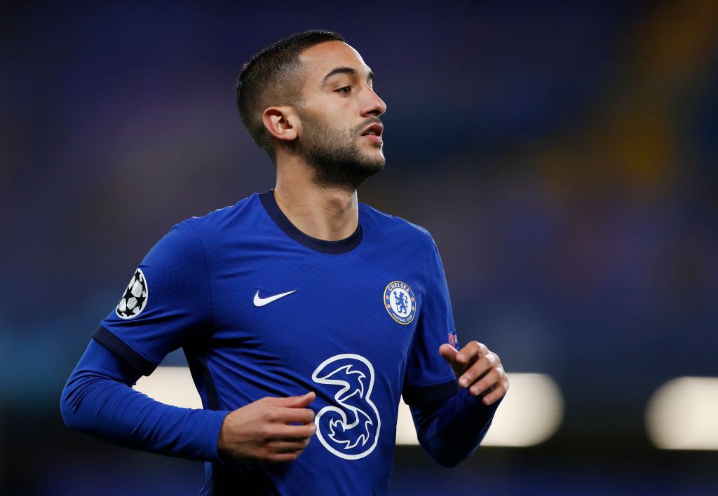 LONDON, ENGLAND - OCTOBER 20: Hakim Ziyech of Chelsea looks on during the UEFA Champions League Group E stage match between Chelsea FC and FC Sevilla at Stamford Bridge on October 20, 2020 in London, England. Sporting stadiums around the UK remain under strict restrictions due to the Coronavirus Pandemic as Government social distancing laws prohibit fans inside venues resulting in games being played behind closed doors. (Photo by Alastair Grant - Pool/Getty Images)
