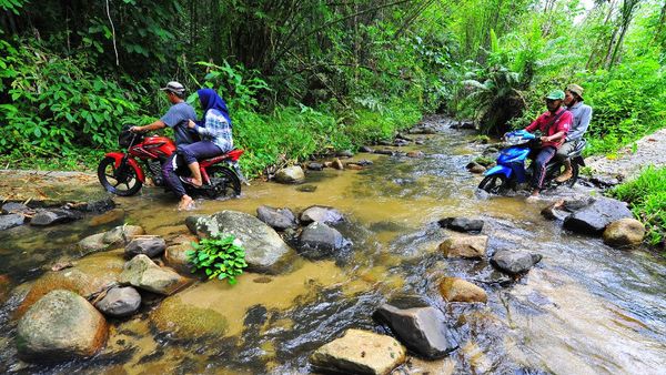 Aksi Berbahaya Warga Jambi Menyeberangi Sungai dengan Motor