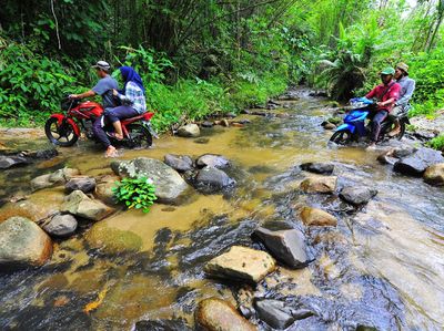 Aksi Berbahaya Warga Jambi Menyeberangi Sungai dengan Motor