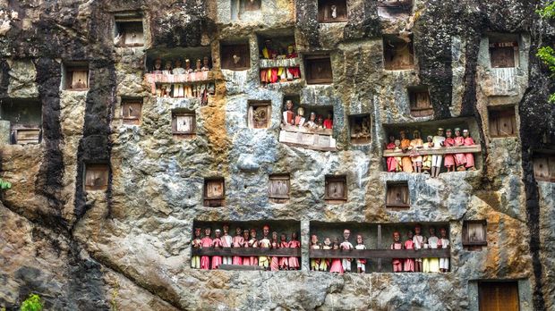 Tana Toraja, South Sulawesi, Indonesia - September 25, 2015: Lemo burial site, sightings of rock cliffs that have holes here and there, the holes are used to put coffins, in addition, there are also tau-tau, which are wooden statues human form, resembling those who have died whose coffins are placed at this burial site. Tau-tau is made by local residents who are experts in making tau-tau.