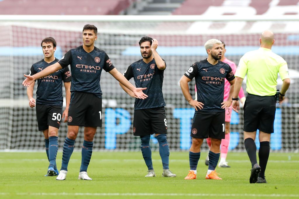 LONDON, ENGLAND - OCTOBER 24: Rodrigo of Manchester City reacts during the Premier League match between West Ham United and Manchester City at London Stadium on October 24, 2020 in London, England. Sporting stadiums around the UK remain under strict restrictions due to the Coronavirus Pandemic as Government social distancing laws prohibit fans inside venues resulting in games being played behind closed doors. (Photo by Paul Childs - Pool/Getty Images)