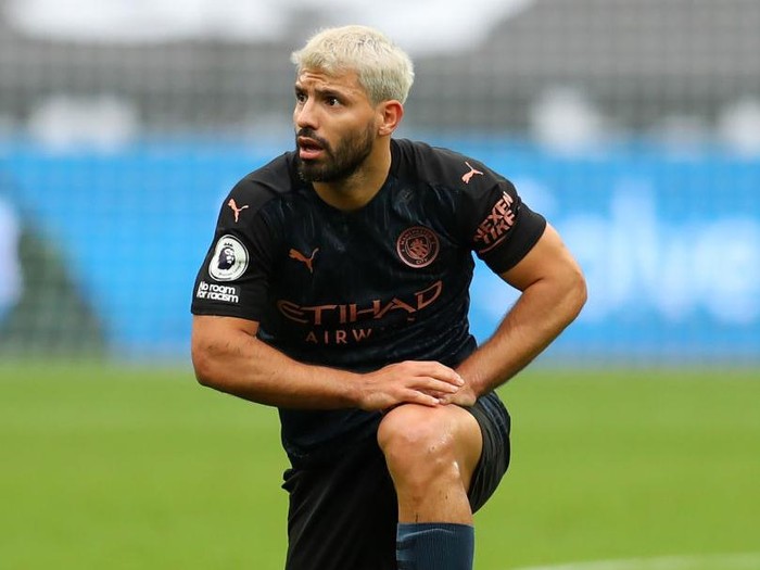 LONDON, ENGLAND - OCTOBER 24: Sergio Aguero of Manchester City  during the Premier League match between West Ham United and Manchester City at London Stadium on October 24, 2020 in London, England. Sporting stadiums around the UK remain under strict restrictions due to the Coronavirus Pandemic as Government social distancing laws prohibit fans inside venues resulting in games being played behind closed doors. (Photo by Catherine Ivill/Getty Images)