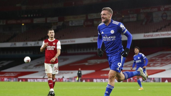 Jamie Vardy Leicesters Jamie Vardy celebrates after scoring his teams first goal during the English Premier League soccer match between Arsenal and Leicester City at Emirates Stadium in London, England, Sunday, Oct. 25, 2020. (Catherine Ivill/Pool via AP)
