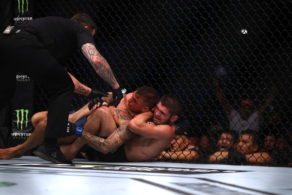 ABU DHABI, UNITED ARAB EMIRATES - SEPTEMBER 07: Khabib Nurmagomedov of Russia compete against Dustin Poirier of United States in their Lightweight Title Bout during the UFC 242 event at The Arena on September 07, 2019 in Abu Dhabi, United Arab Emirates. (Photo by Francois Nel/Getty Images)