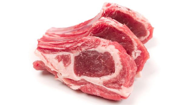 Raw lamb chops or mutton cuts isolated on white background. Fresh sheep ribs cutlet on bone cut out closeup