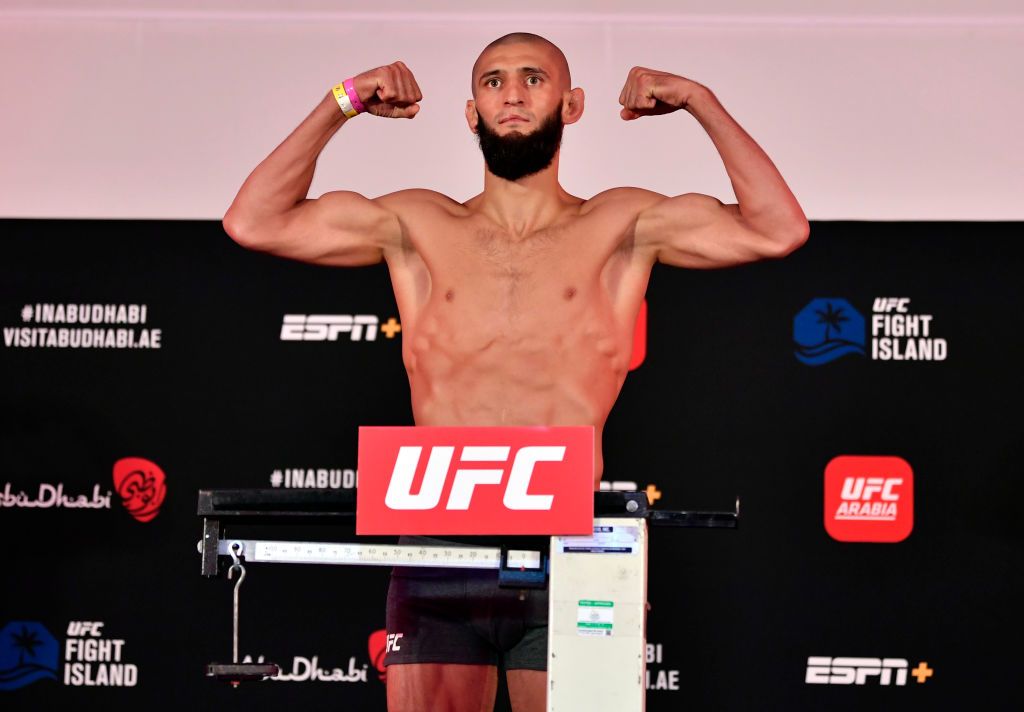 ABU DHABI, UNITED ARAB EMIRATES - JULY 24: In this handout image provided by UFC,  Khamzat Chimaev of Chechnya poses on the scale during the UFC Fight Night weigh-in inside Flash Forum on UFC Fight Island on July 24, 2020 in Yas Island, Abu Dhabi, United Arab Emirates. (Photo by Jeff Bottari/Zuffa LLC via Getty Images)