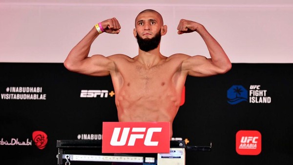 ABU DHABI, UNITED ARAB EMIRATES - JULY 24: In this handout image provided by UFC,  Khamzat Chimaev of Chechnya poses on the scale during the UFC Fight Night weigh-in inside Flash Forum on UFC Fight Island on July 24, 2020 in Yas Island, Abu Dhabi, United Arab Emirates. (Photo by Jeff Bottari/Zuffa LLC via Getty Images)
