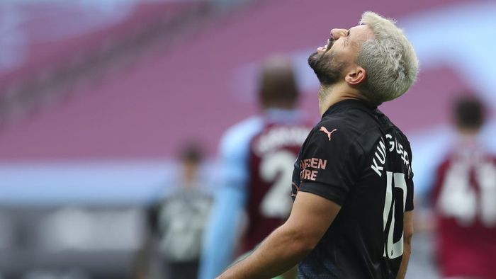 Sergio Aguero Manchester Citys Sergio Aguero reacts during the English Premier League soccer match between West Ham and Manchester City, at the London Olympic Stadium Saturday, Oct. 24, 2020. (Catherine Ivill, Pool via AP)