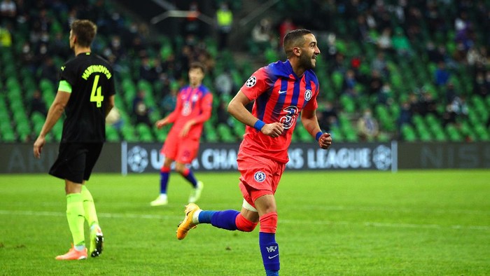 Hakim Ziyech mencetak gol perdananya untuk Chelsea ke gawang FC Krasnodar