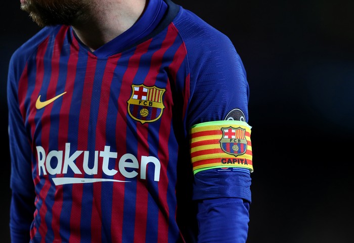 BARCELONA, SPAIN - MAY 01: The captains armband of Lionel Messi of Barcelona during the UEFA Champions League Semi Final first leg match between Barcelona and Liverpool at the Nou Camp on May 01, 2019 in Barcelona, Spain. (Photo by Catherine Ivill/Getty Images)