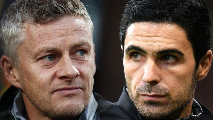 Ole Gunnar Solskjaer, Mikel Arteta FILE PHOTO (EDITORS NOTE: COMPOSITE OF IMAGES - Image numbers 1178800802,1196064545 - GRADIENT ADDED) In this composite image a comparison has been made between Ole Gunnar Solskjaer, Manager of Manchester United (L) and Mikel Arteta, Manager of Arsenal. Arsenal FC and Manchester United meet on January 1,2020 in a Premier League fixture at the Emirates Stadium in London,England. ***LEFT IMAGE*** THE HAGUE, NETHERLANDS - OCTOBER 03: Ole Gunnar Solskjaer, Manager of Manchester United looks on prior to the UEFA Europa League group L match between AZ Alkmaar and Manchester United at ADO Den Haag on October 03, 2019 in The Hague, Netherlands. (Photo by Bryn Lennon/Getty Images) ***RIGHT IMAGE*** BOURNEMOUTH, ENGLAND - DECEMBER 26: Mikel Arteta, Manager of Arsenal looks on during the Premier League match between AFC Bournemouth and Arsenal FC at Vitality Stadium on December 26, 2019 in Bournemouth, United Kingdom. (Photo by Dan Mullan/Getty Images)