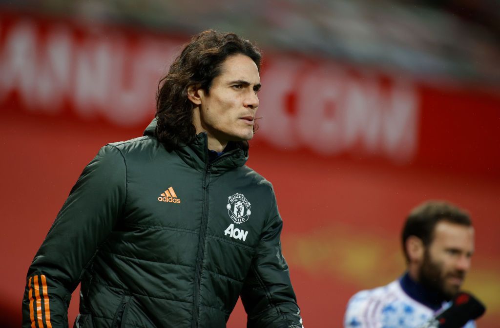 MANCHESTER, ENGLAND - NOVEMBER 01: Edinson Cavani of Manchester United looks on prior to the Premier League match between Manchester United and Arsenal at Old Trafford on November 01, 2020 in Manchester, England. Sporting stadiums around the UK remain under strict restrictions due to the Coronavirus Pandemic as Government social distancing laws prohibit fans inside venues resulting in games being played behind closed doors. (Photo by Phil Noble - Pool/Getty Images)