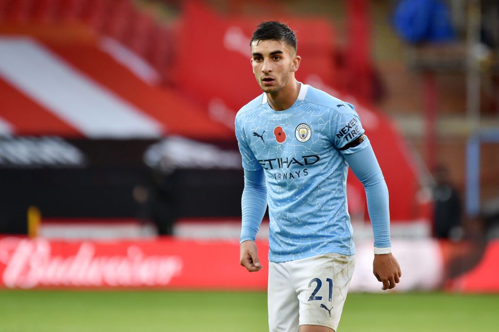 MARSEILLE, FRANCE - OCTOBER 27: Ferran Torres of Manchester City FC runs during the UEFA Champions League Group C stage match between Olympique de Marseille and Manchester City at Stade Velodrome on October 27, 2020 in Marseille, France. Football Stadiums around Europe remain empty due to the Coronavirus Pandemic as Government social distancing laws prohibit fans inside venues resulting in fixtures being played behind closed doors. (Photo by Alex Caparros/Getty Images)