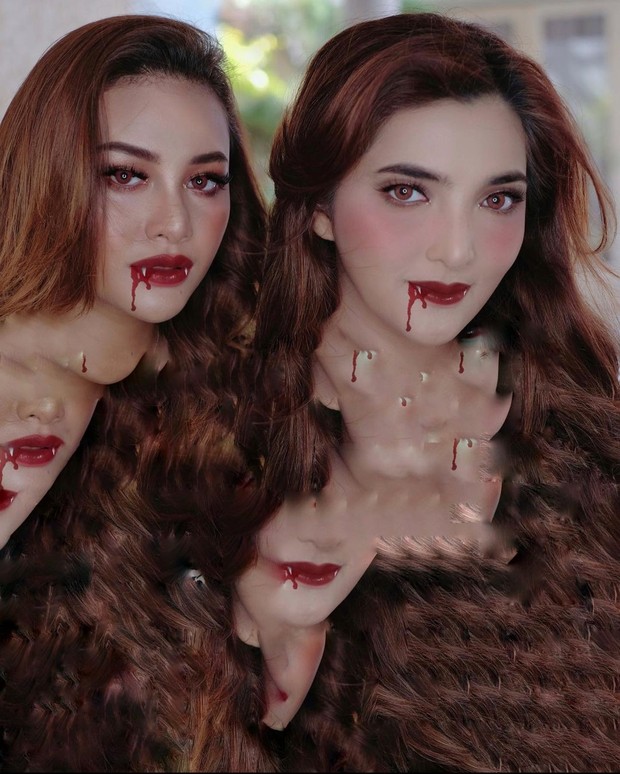 Potret Ashanti dan Aurel yang ikut merayakan Halloween dengan makeup drakula.