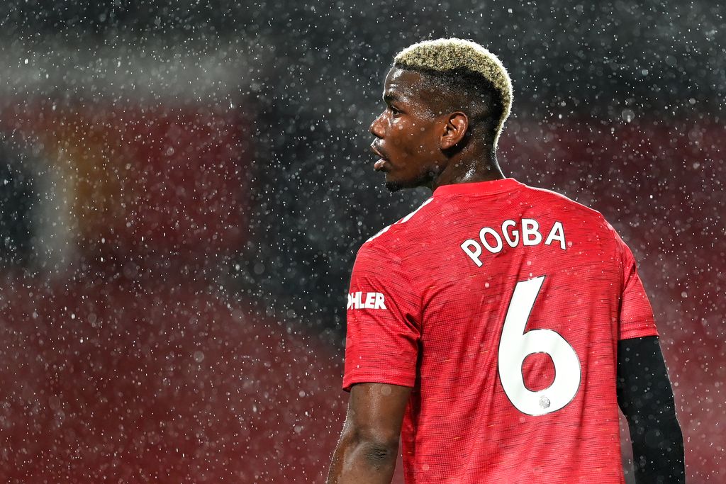 MANCHESTER, ENGLAND - OCTOBER 24: Paul Pogba of Manchester United looks on during the Premier League match between Manchester United and Chelsea at Old Trafford on October 24, 2020 in Manchester, England. Sporting stadiums around the UK remain under strict restrictions due to the Coronavirus Pandemic as Government social distancing laws prohibit fans inside venues resulting in games being played behind closed doors. (Photo by Michael Regan/Getty Images)