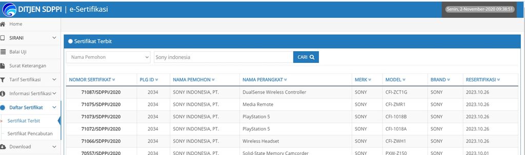 Kominfo dikabarkan sudah meloloskan beberapa perangkat anyar yang didaftarkan oleh PT Sony Indonesia. Berdasarkan pantauan dari detikINET, hal itu diketahui dari situs Direktorat Jenderal Sumber Daya dan Perangkat Post dan Informatika (SDPPI) Kementrian Komunikasi dan Informatika (Kominfo) pada Senin (2 November 2020).