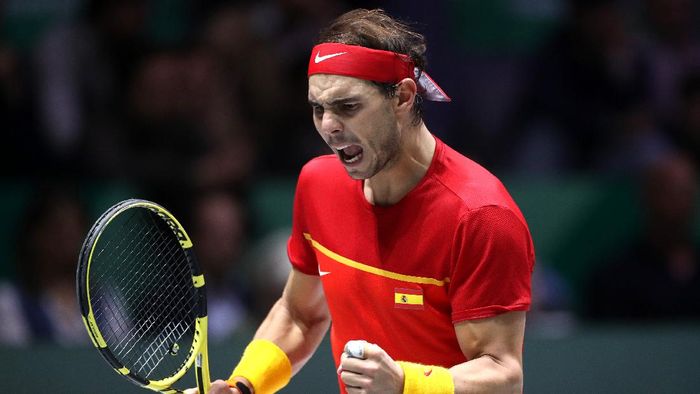 Rafael Nadal MADRID, SPAIN - NOVEMBER 24: Rafael Nadal of Spain celebrates in his match against Denis Shapovalov of Canada in the Final between Spain and Canada during Day Seven of the 2019 David Cup at La Caja Magica on November 24, 2019 in Madrid, Spain. (Photo by Alex Pantling/Getty Images)