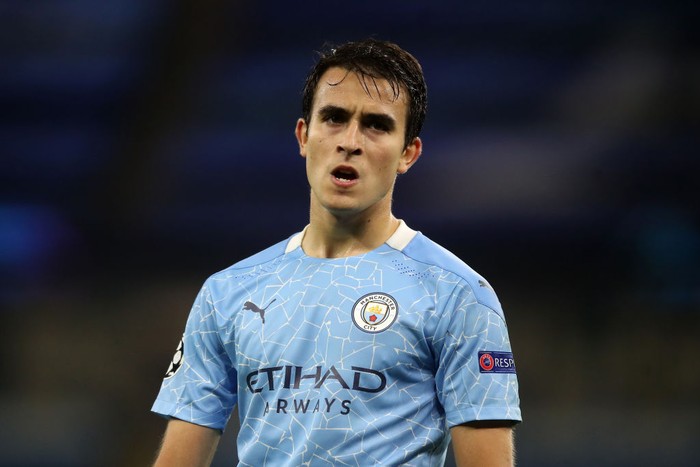MANCHESTER, ENGLAND - OCTOBER 21: Eric Garcia of Manchester City reacts during the UEFA Champions League Group C stage match between Manchester City and FC Porto at Etihad Stadium on October 21, 2020 in Manchester, England. Sporting stadiums around the UK remain under strict restrictions due to the Coronavirus Pandemic as Government social distancing laws prohibit fans inside venues resulting in games being played behind closed doors. (Photo by Martin Rickett - Pool/Getty Images)