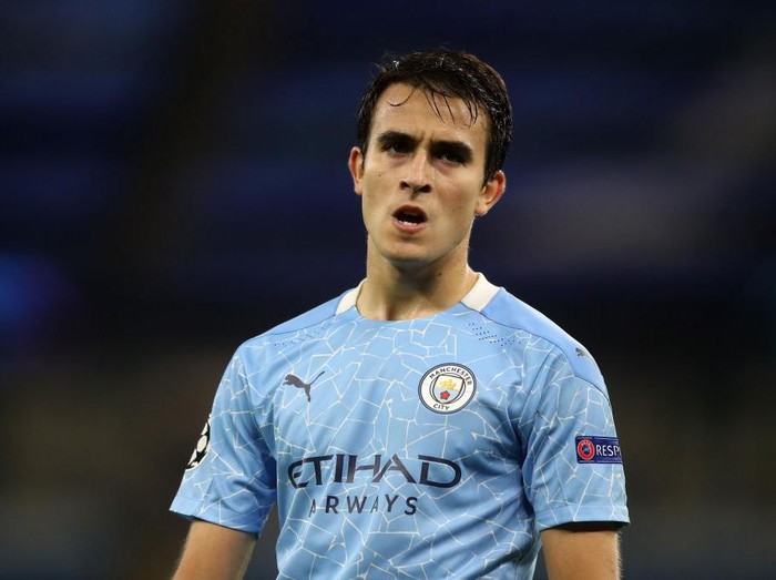 MANCHESTER, ENGLAND - OCTOBER 21: Eric Garcia of Manchester City reacts during the UEFA Champions League Group C stage match between Manchester City and FC Porto at Etihad Stadium on October 21, 2020 in Manchester, England. Sporting stadiums around the UK remain under strict restrictions due to the Coronavirus Pandemic as Government social distancing laws prohibit fans inside venues resulting in games being played behind closed doors. (Photo by Martin Rickett - Pool/Getty Images)