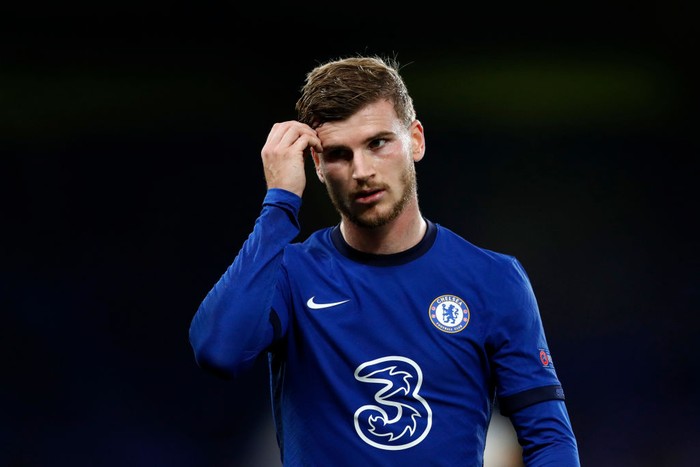 LONDON, ENGLAND - OCTOBER 20: Timo Werner of Chelsea looks on during the UEFA Champions League Group E stage match between Chelsea FC and FC Sevilla at Stamford Bridge on October 20, 2020 in London, England. Sporting stadiums around the UK remain under strict restrictions due to the Coronavirus Pandemic as Government social distancing laws prohibit fans inside venues resulting in games being played behind closed doors. (Photo by Alastair Grant - Pool/Getty Images)