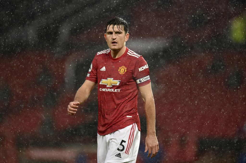 Manchester United's Harry Maguire looks on during the English Premier League soccer match between Manchester United and Chelsea, at the Old Trafford stadium in Manchester, England, Saturday, Oct. 24, 2020. (Oli Scarff/Pool via AP)