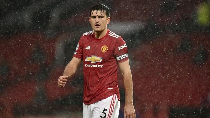 Manchester Uniteds Harry Maguire looks on during the English Premier League soccer match between Manchester United and Chelsea, at the Old Trafford stadium in Manchester, England, Saturday, Oct. 24, 2020. (Oli Scarff/Pool via AP)