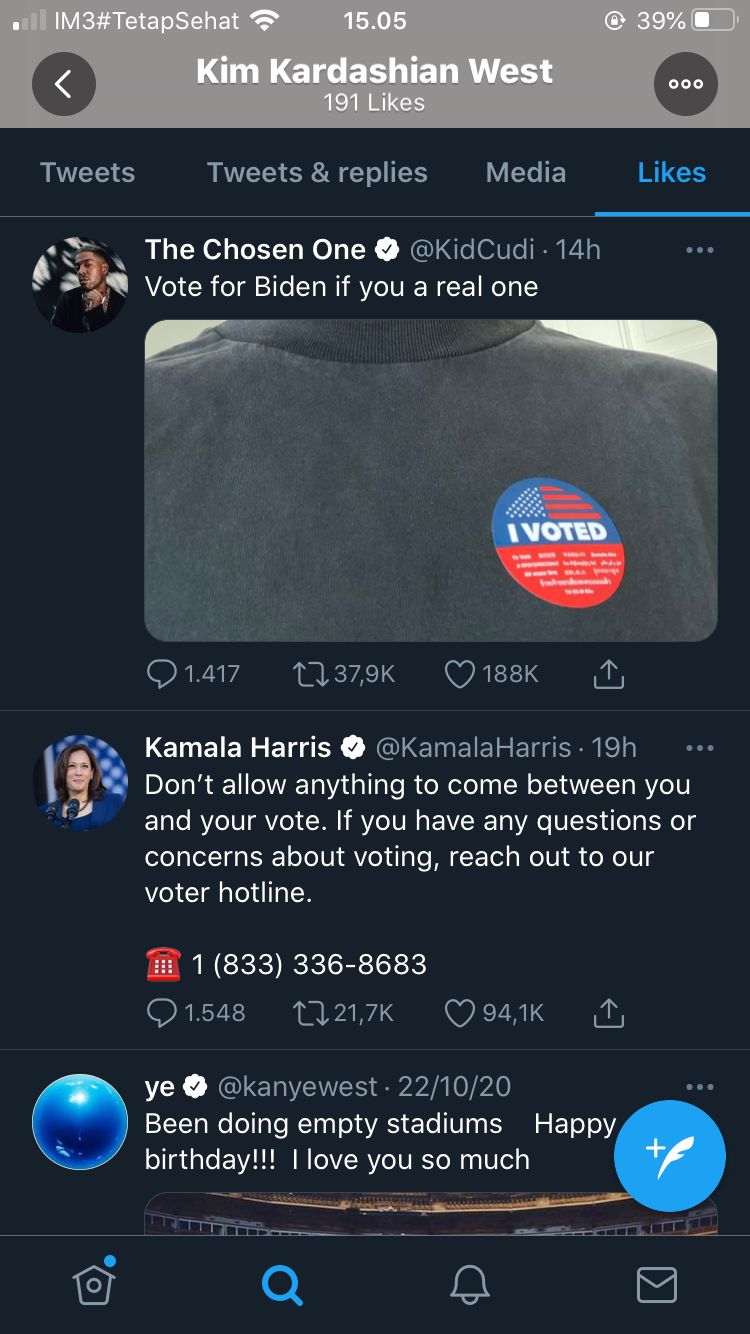 Selebritas Kim Kardashian menyukai tweet rapper Kid Cudi yang memilih calon presiden Joe Biden dalam pemilihan presiden (Pilpres) Amerika Serikat (AS) 2020.