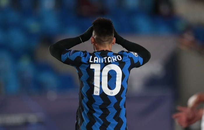 Inter Milans Lautaro Martinez reacts during the Champions League group B soccer match between Real Madrid and Inter Milan at the Alfredo Di Stefano stadium in Madrid, Spain, Tuesday, Nov. 3, 2020. Real Madrid won 3-2. (AP Photo/Bernat Armangue)