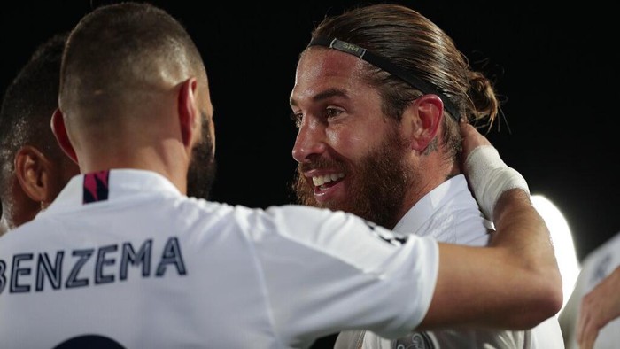 Real Madrids Sergio Ramos after scoring his sides second goal during the Champions League group B soccer match between Real Madrid and Inter Milan at the Alfredo Di Stefano stadium in Madrid, Spain, Tuesday, Nov. 3, 2020. (AP Photo/Bernat Armangue)