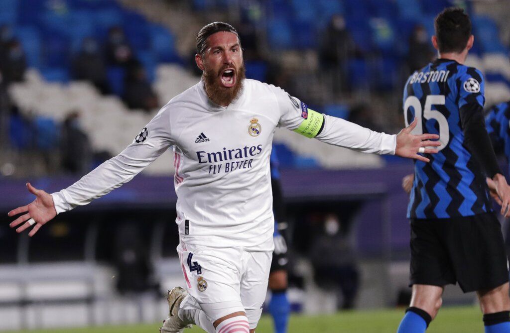 Real Madrid's Sergio Ramos celebrates after scoring his side's second goal during the Champions League group B soccer match between Real Madrid and Inter Milan at the Alfredo Di Stefano stadium in Madrid, Spain, Tuesday, Nov. 3, 2020. (AP Photo/Bernat Armangue)