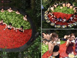 Wow! Pemandian Air Panas Tema Hot Pot Ini Isinya Cabai hingga Selada