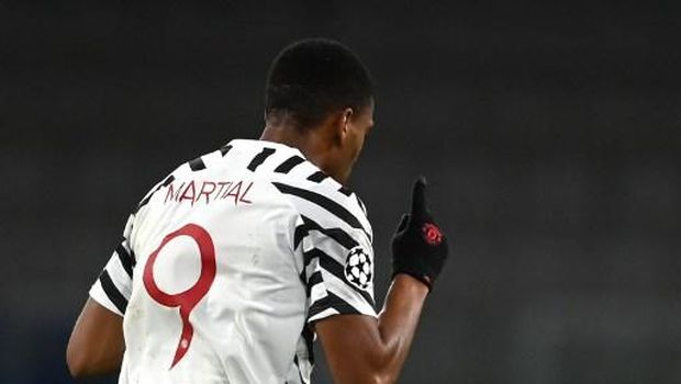 Manchester United French forward Anthony Martial celebrates scoring his team's first goal during UEFA Champions League Group H, between Istanbul Basaksehir FK and Manchester United, on November 4, 2020, at Basaksehir Stadium Fatih Terim in Istanbul.  (Photo by OZAN KOSE / AFP)