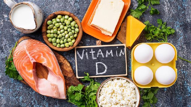 Healthy foods containing vitamin D. Top view