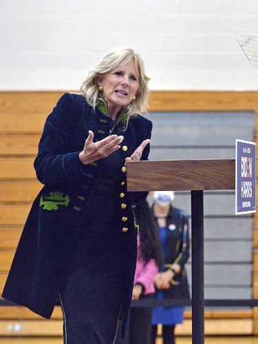 Former second lady Jill Biden, wife of Democratic presidential candidate Joe Biden, addressed about 75 people at a rally, Nov. 2, 2020, at East Middle School in Erie, Pa. as representatives of the Biden and Trump campaigns canvassed Pennsylvania on the last day before the presidential election. (Christopher Millette/Erie Times-News via AP)