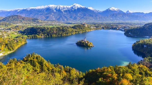 Panoramic view of Lake Bled from Mt. Osojnica, Slovenia