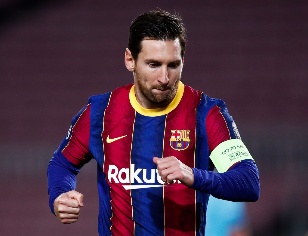 BARCELONA, SPAIN - NOVEMBER 04: Lionel Messi of Barcelona celebrates after scoring his sides first goal from the penalty spot during the UEFA Champions League Group G stage match between FC Barcelona and Dynamo Kyiv at Camp Nou on November 04, 2020 in Barcelona, Spain. Sporting stadiums around Spain remain under strict restrictions due to the Coronavirus Pandemic as Government social distancing laws prohibit fans inside venues resulting in games being played behind closed doors. (Photo by Eric Alonso/Getty Images)