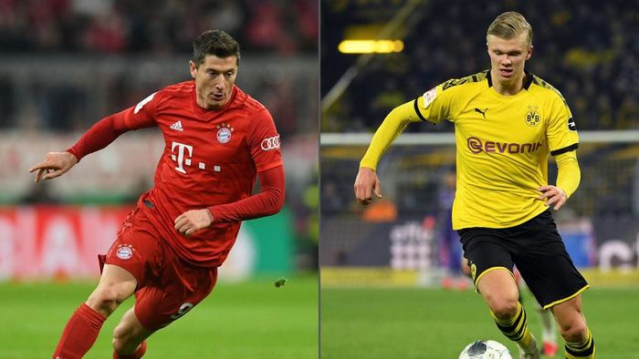 Robert Lewandowski, Erling Haaland (COMBO) This combination created on May 25, 2020 of file pictures shows Bayern Munichs Polish striker Robert Lewandowski (L, during the German Cup (DFB Pokal) round of 16 football match FC Bayern Munich v TSG 1899 Hoffenheim in Munich, southern German on February 5, 2020) and
Dortmunds Norwegian forward Erling Braut Haaland (during the German first division Bundesliga football match BVB Borussia Dortmund vs Eintracht Frankfurt, in Dortmund, western Germany on February 14, 2020). - The Bundesligas record-breaking strikers square off on Tuesday, May 26, 2020, when Bayern Munich veteran Robert Lewandowski opposes Borussia Dortmund teenager Erling Braut Haaland in the German league showdown behind locked doors. (Photos by Christof STACHE and INA FASSBENDER / AFP) / DFB REGULATIONS PROHIBIT ANY USE OF PHOTOGRAPHS AS IMAGE SEQUENCES AND QUASI-VIDEO.