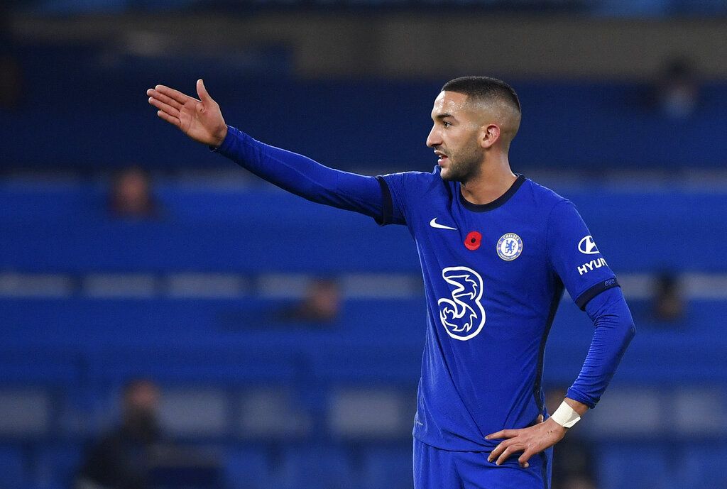 Chelsea's Hakim Ziyech reacts during the English Premier League soccer match between Chelsea and Sheffield United at Stamford Bridge Stadium in London, Saturday, Nov. 7, 2020. (Ben Stansall/Pool via AP)