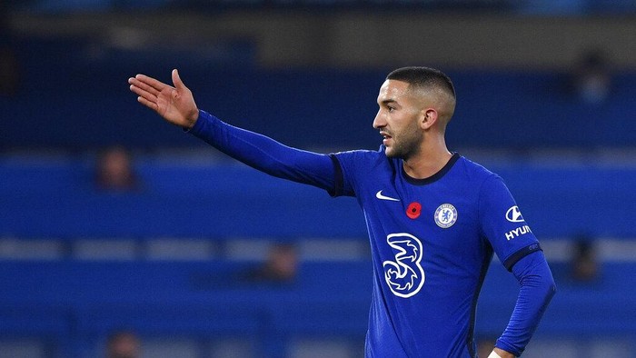 Chelseas Hakim Ziyech reacts during the English Premier League soccer match between Chelsea and Sheffield United at Stamford Bridge Stadium in London, Saturday, Nov. 7, 2020. (Ben Stansall/Pool via AP)