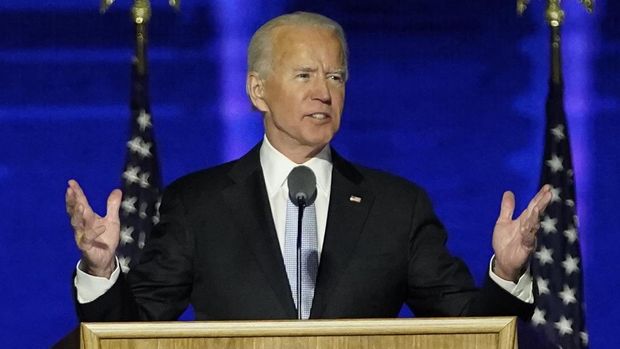President-elect Joe Biden speaks, Saturday, Nov. 7, 2020, in Wilmington, Del. (AP Photo/Andrew Harnik, Pool)