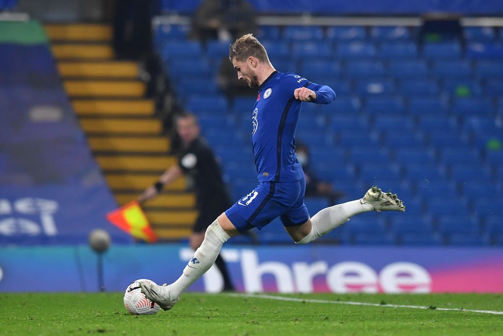 LONDON, ENGLAND - NOVEMBER 07: Timo Werner of Chelsea scores his team's fourth goal during the Premier League match between Chelsea and Sheffield United at Stamford Bridge on November 07, 2020 in London, England. Sporting stadiums around the UK remain under strict restrictions due to the Coronavirus Pandemic as Government social distancing laws prohibit fans inside venues resulting in games being played behind closed doors. (Photo by Ben Stansall - Pool/Getty Images)