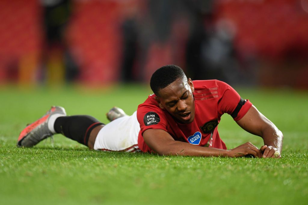 MANCHESTER, ENGLAND - JULY 13: Anthony Martial of Manchester United reacts during the Premier League match between Manchester United and Southampton FC at Old Trafford on July 13, 2020 in Manchester, England. Football Stadiums around Europe remain empty due to the Coronavirus Pandemic as Government social distancing laws prohibit fans inside venues resulting in all fixtures being played behind closed doors. (Photo by Peter Powell/Pool via Getty Images)